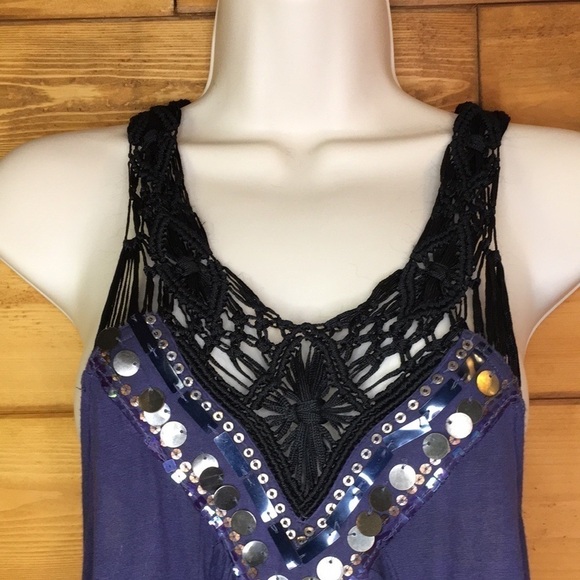 Free People | Blue Racerback Tank Sequins Crochet Neckline / Back Straps M - Picture 2 of 7